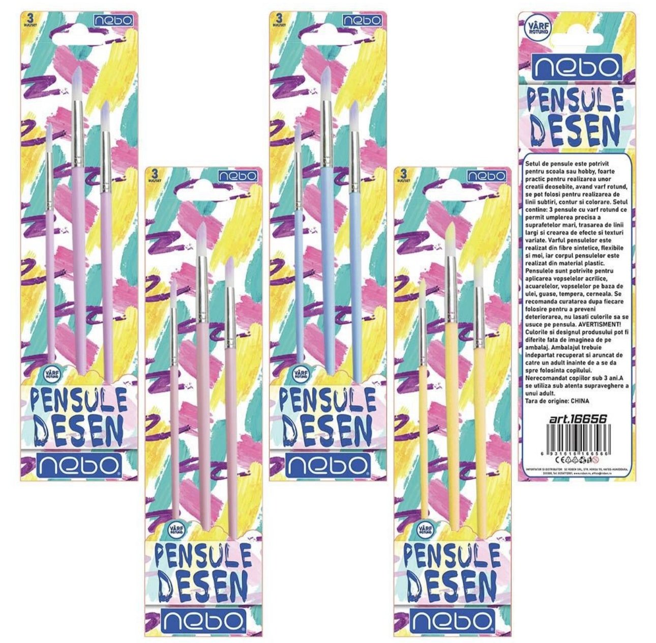 Set Pensule Desen Nebo Engros – 3 Bucăți/Set, Vârf Rotund | Ambalaj 24 Seturi – Ideal pentru Școală și Artă