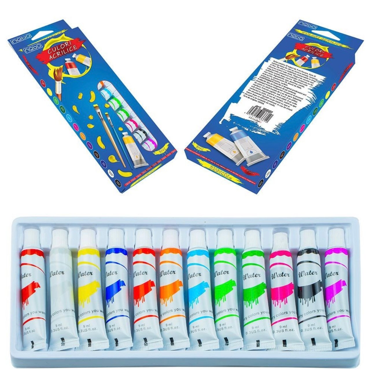 Set Culori Acrilice 12 Bucăți Nabo Engros – Tuburi 9 ml – Vopsele Acrilice pentru Pictură Artistică, Școală, Hobby și DIY