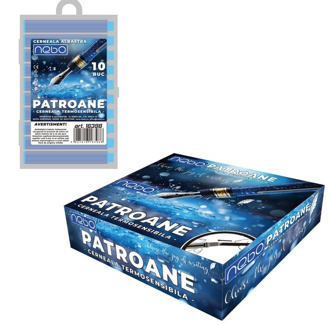 Set 10 Patroane Stilou NEBO Engros – Cerneală Termosensibilă Albastră, Compatibile Universal, Ambalaj Blister