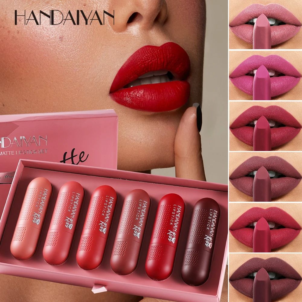 Handaiyan Lipstick Set H1042 – Set 6 Rujuri Mate Tip Bullet, Culori Roșu și Nude Engros