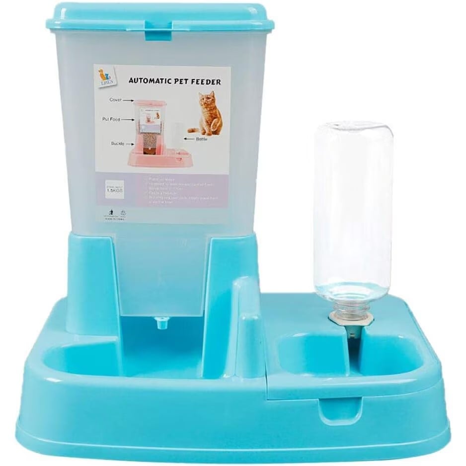 Distribuitor multifunctional pentru hrana si apa, Pentru animale de companie, catei si pisici. 2in1 bol de hranire 5L si rezervor de apa 0,5L, calitate premium, Albastru