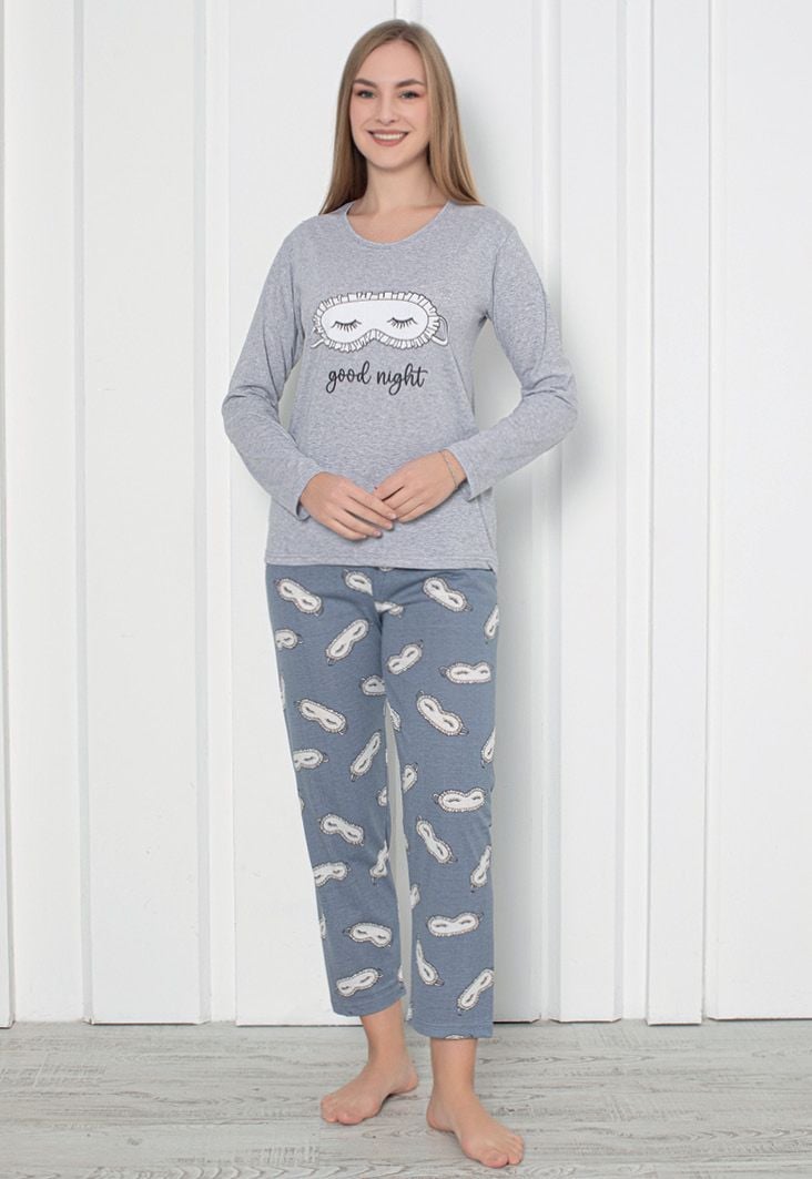 Pijama damă cu mânecă lungă și pantaloni lungi, imprimeu ,,Good Night\'\', culoare gri, Engros