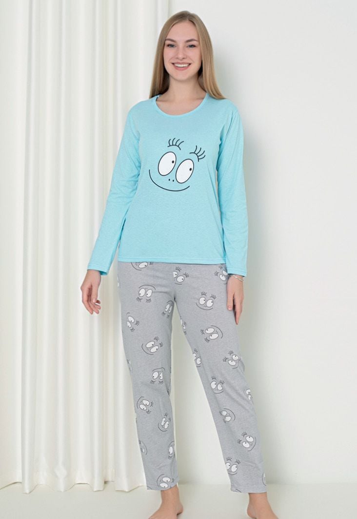 Pijama damă cu mânecă lungă și pantaloni lungi, imprimeu ,,Happy Face\'\', culoare albastru, Engros
