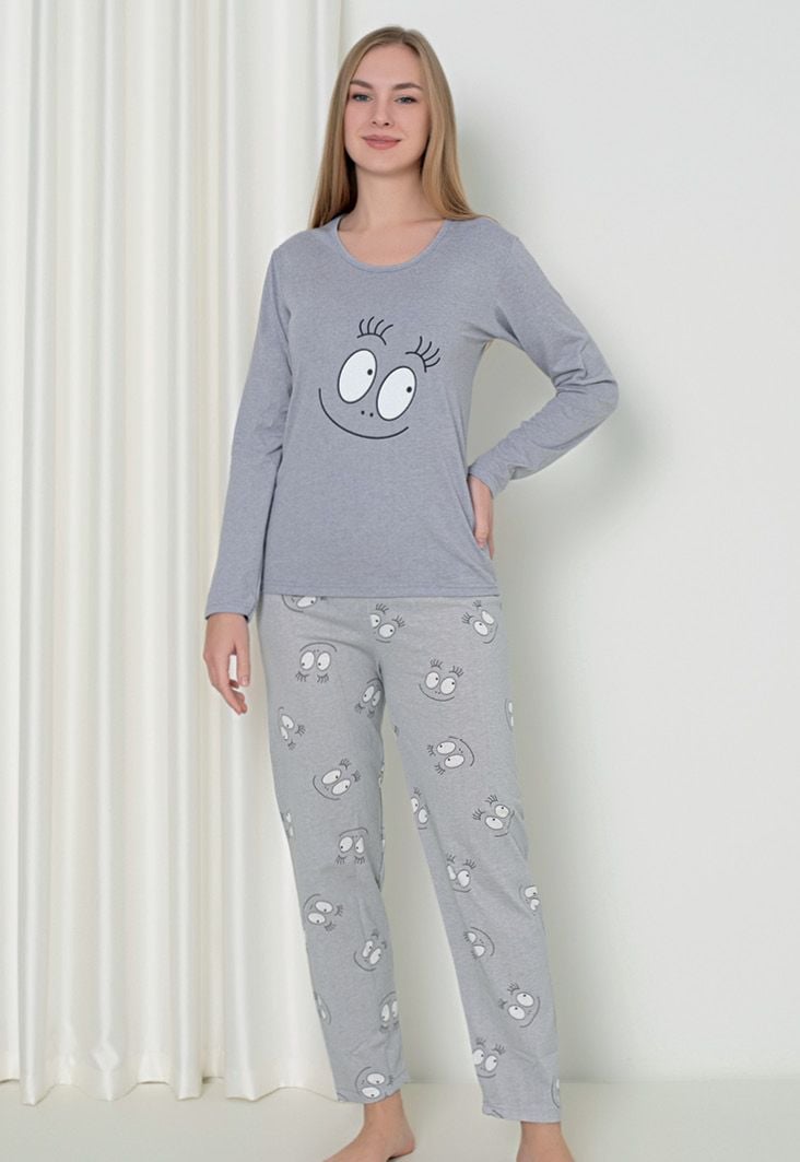 Pijama damă cu mânecă lungă și pantaloni lungi, imprimeu ,,Happy Face\'\', culoare gri, Engros