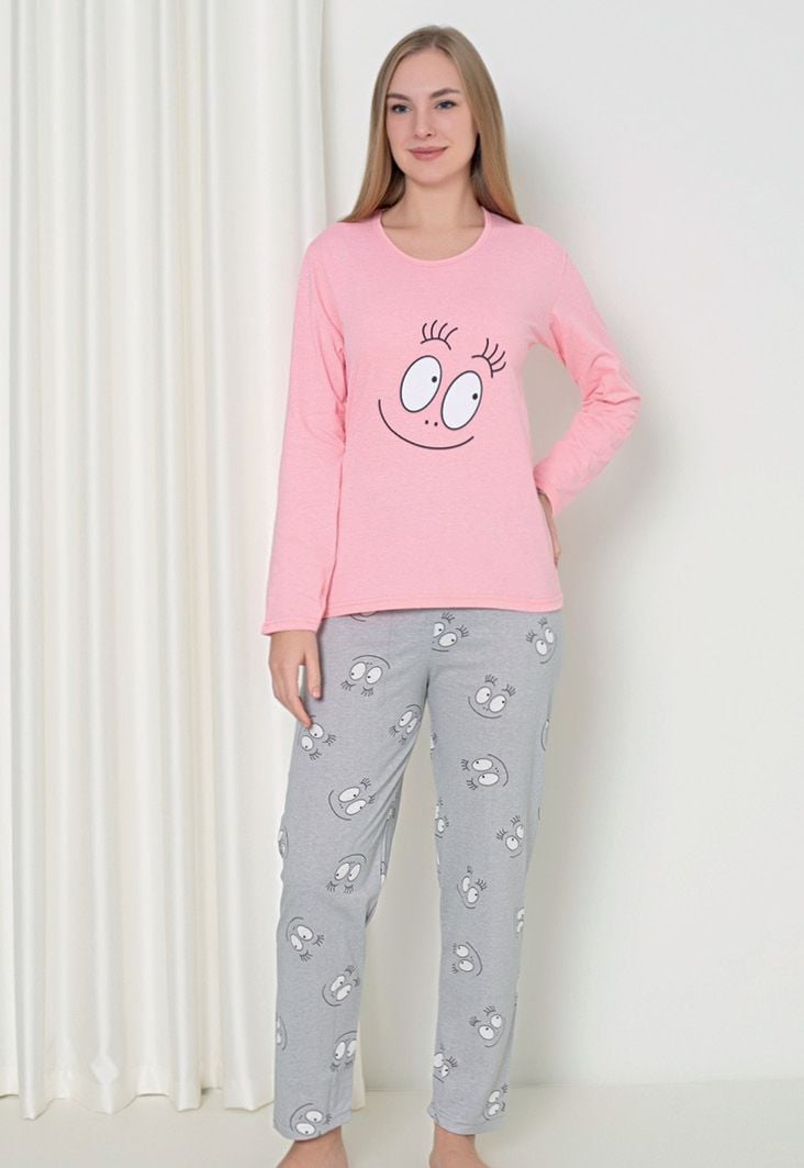 Pijama damă cu mânecă lungă și pantaloni lungi, imprimeu ,,Happy Face\'\', culoare roz, Engros