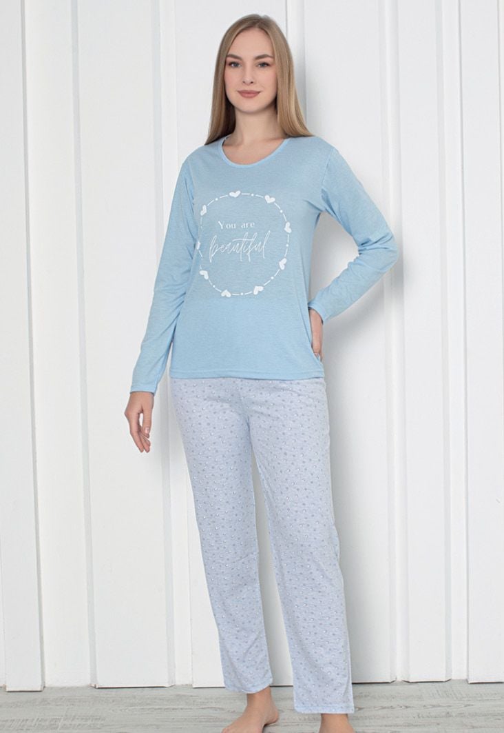 Pijama damă cu mânecă lungă și pantaloni lungi, imprimeu ,,You Are Beautiful\'\', culoare albastru, Engros