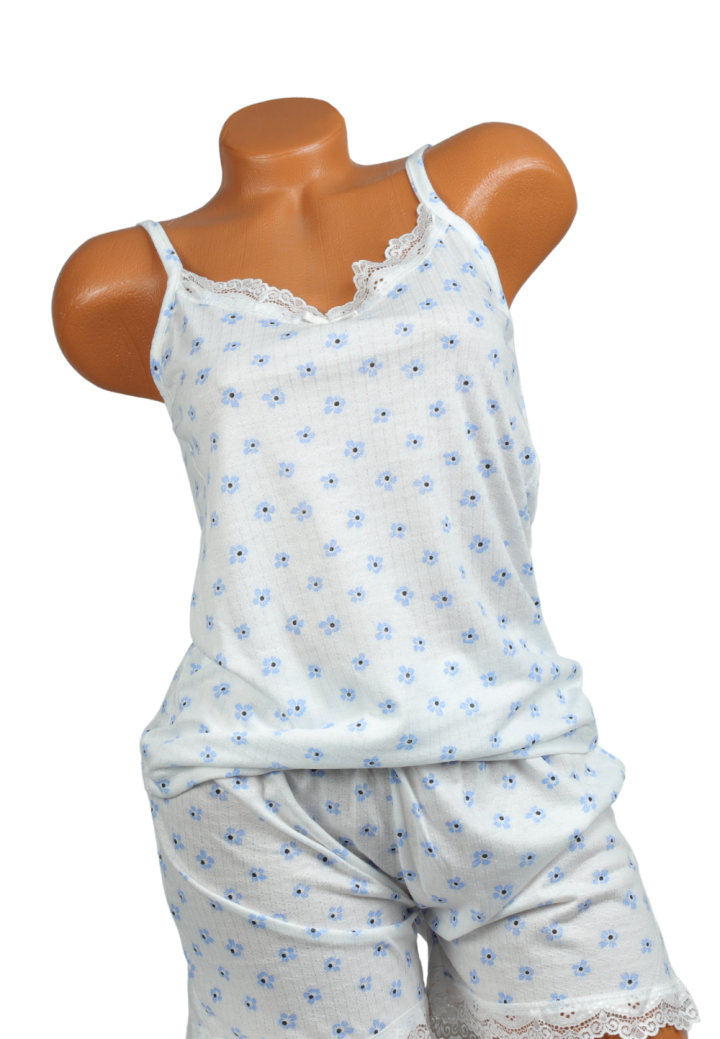 Pijama damă maiou și short – bretele subțiri, dantelă delicată, croială lejeră, imprimeu cu flori galbene,Engros