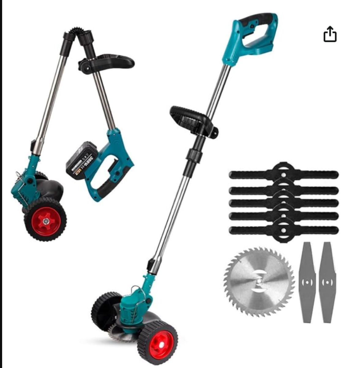 Motocoasa cu roti engross, Mașină de tuns iarba electrică portabilă cu acumulator – Trimmer multifuncțional cu lamă circulară, accesorii incluse / cu 2 acumulatori de 48