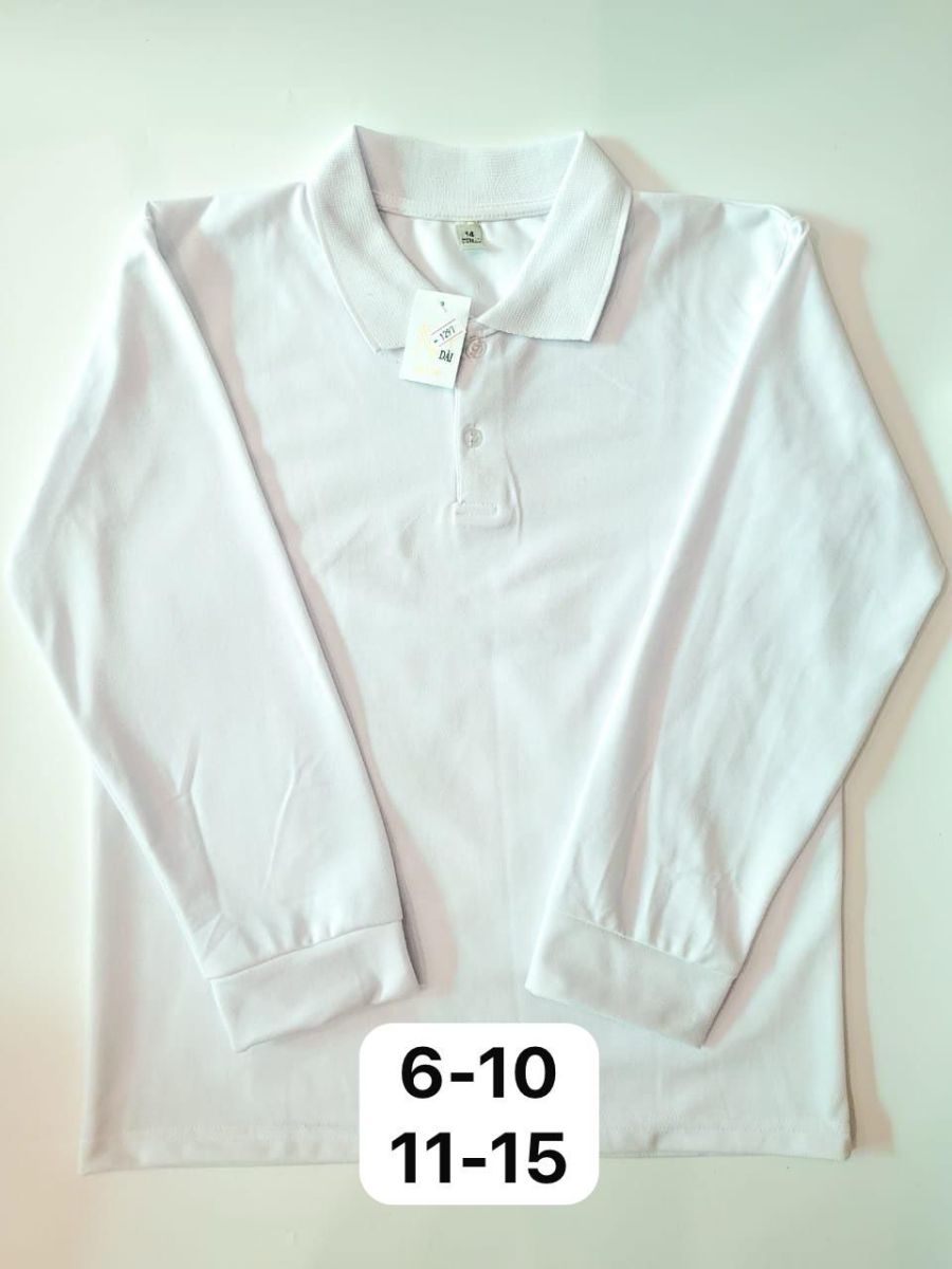 Tricou polo alb cu mânecă lungă pentru băieți, uniformă școlară,  de la 6-15 ani – material bumbac, guler cu nasturi