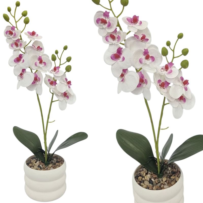 Decoratiune florala in ghiveci de plastic cu orhidee de silicon 45 cm inaltime