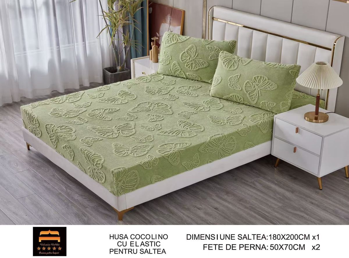 Husa cocolino cu model fluturi 3D + 2 fețe pernă