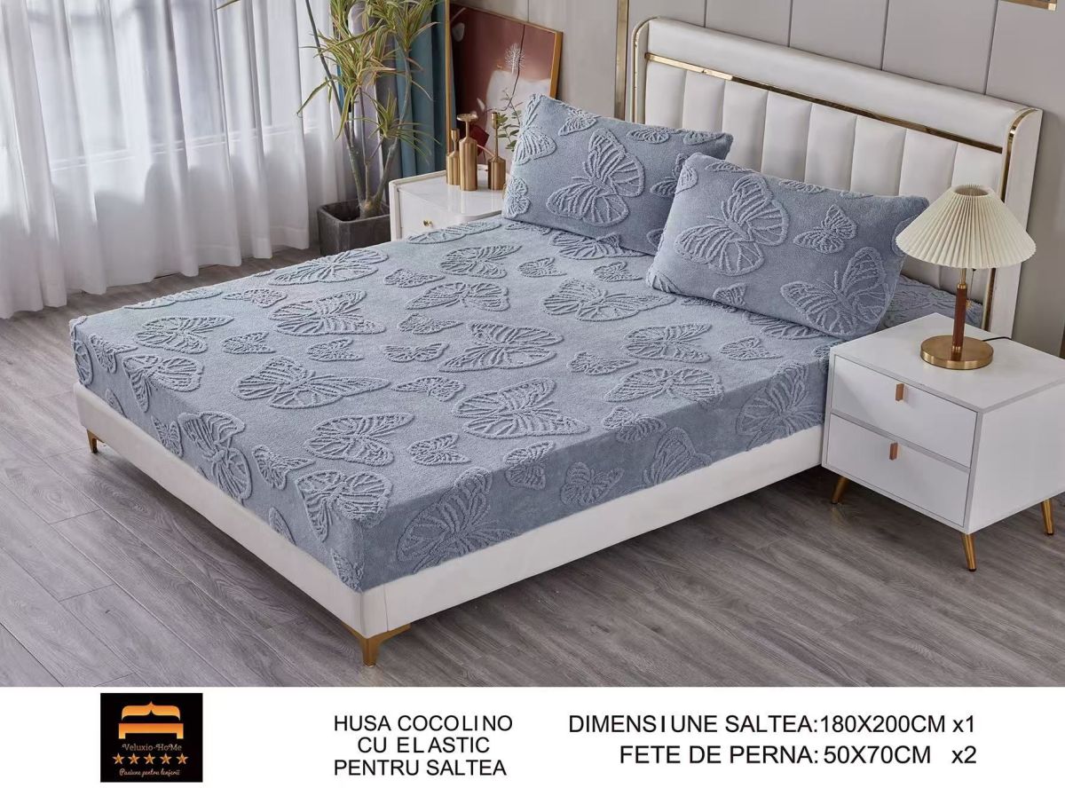 Husa cocolino cu model fluturi 3D + 2 fețe pernă