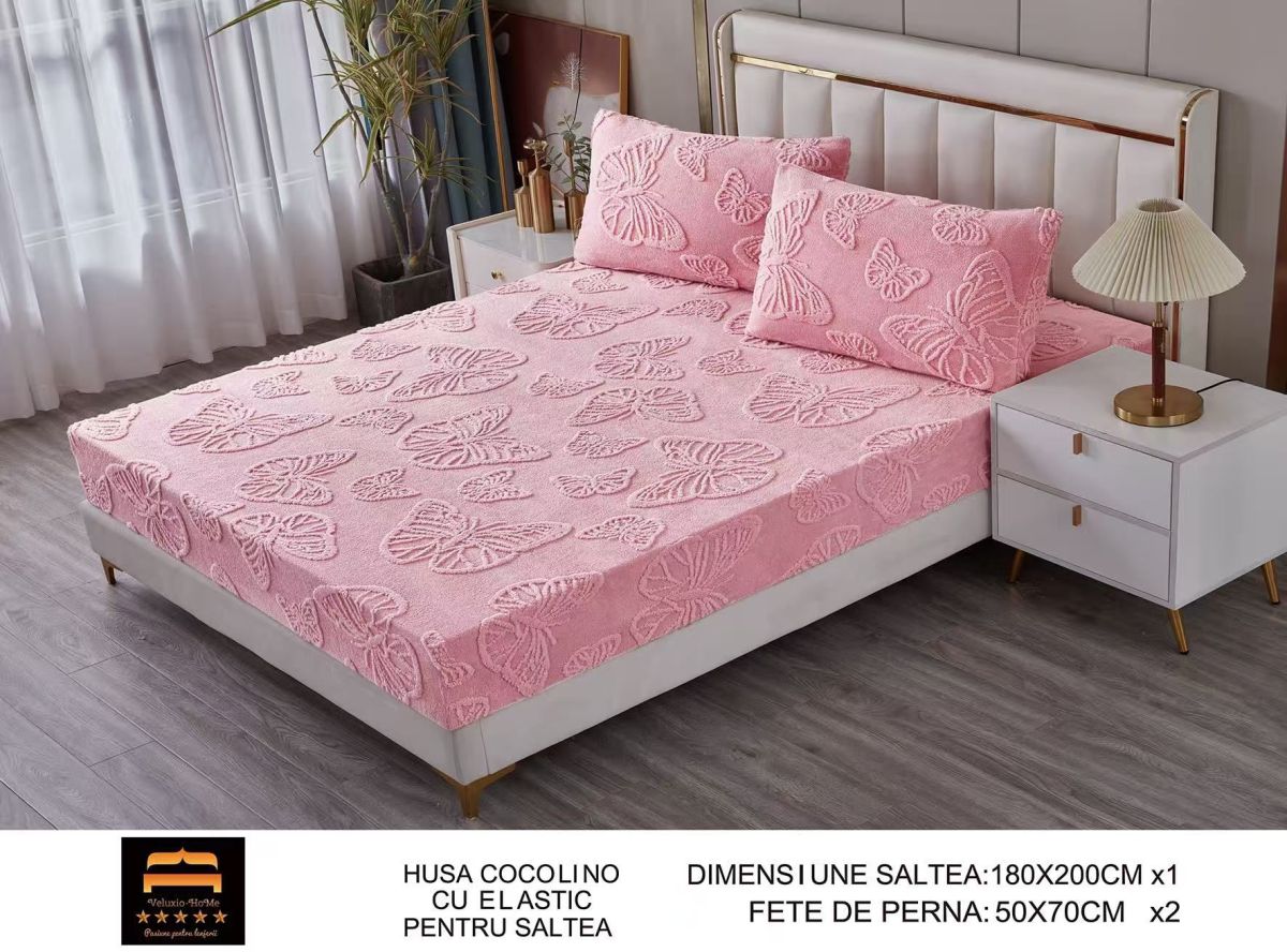 Husa cocolino cu model fluturi 3D + 2 fețe pernă