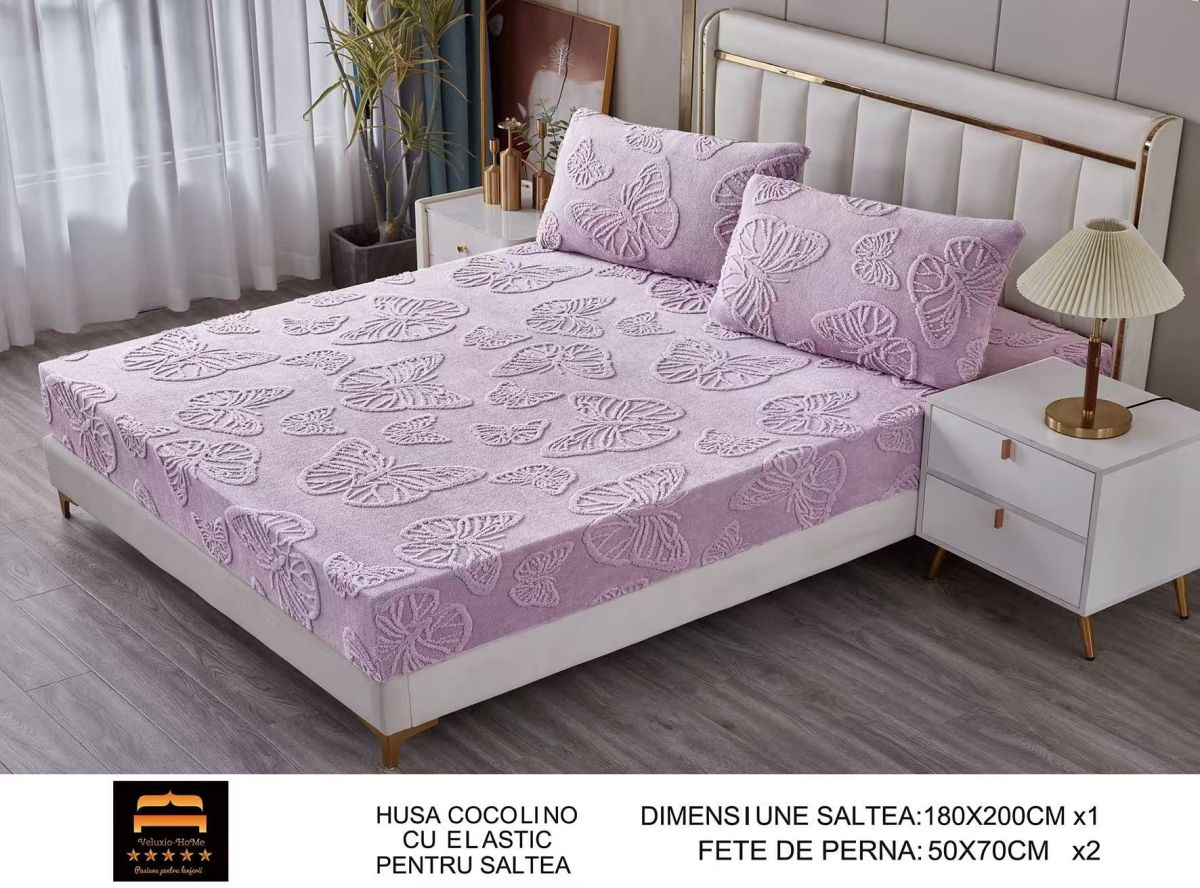 Husa cocolino cu model fluturi 3D + 2 fețe pernă