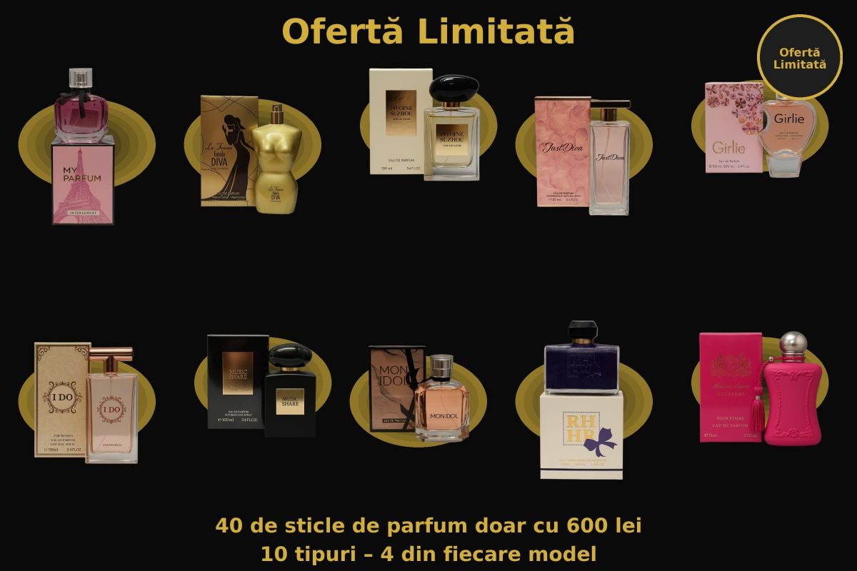 Ofertă Limitată : 40 de sticle de parfum premium – doar 600 lei! 10 arome unice, 4 din fiecare model. Eleganță, calitate, preț imbatabil! Stoc redus – comandă acum!