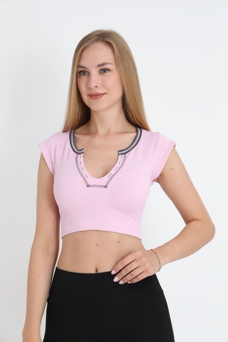 Crop Tricou Damă cu Mânecă Scurtă ,Culoare Roz,Engros
