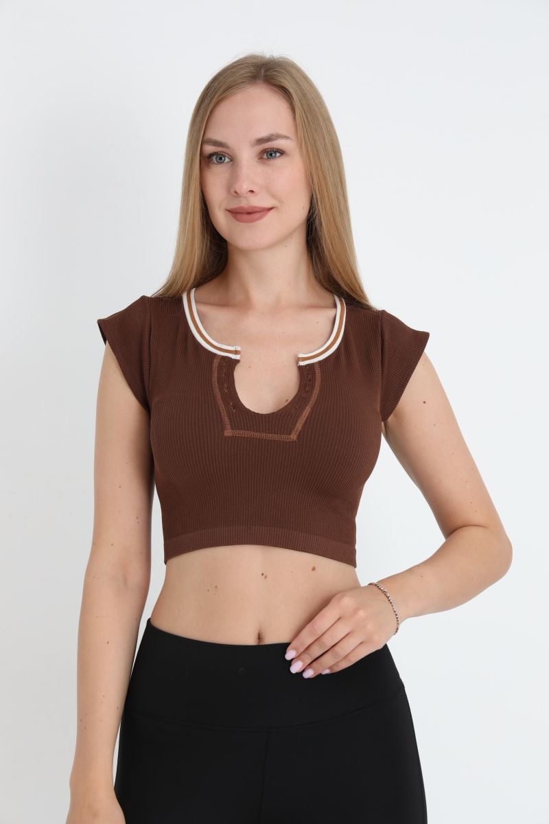Crop Tricou Damă cu Mânecă Scurtă ,Culoarea Maro,Engros
