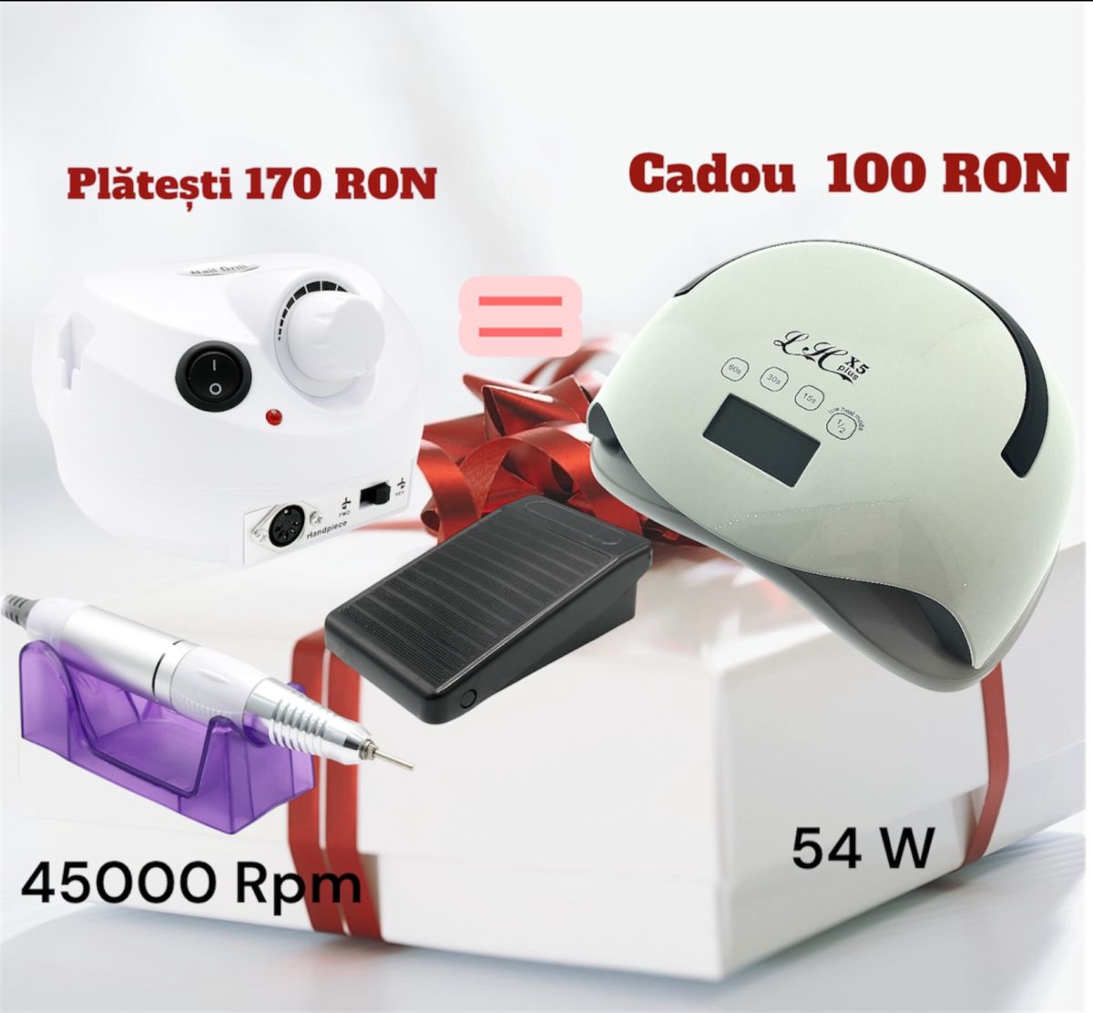 Aparat de manichiură și pedichiură 35000 rotații 45 wați ZS-601 alb + lampă 58W ca un cadou. Engros