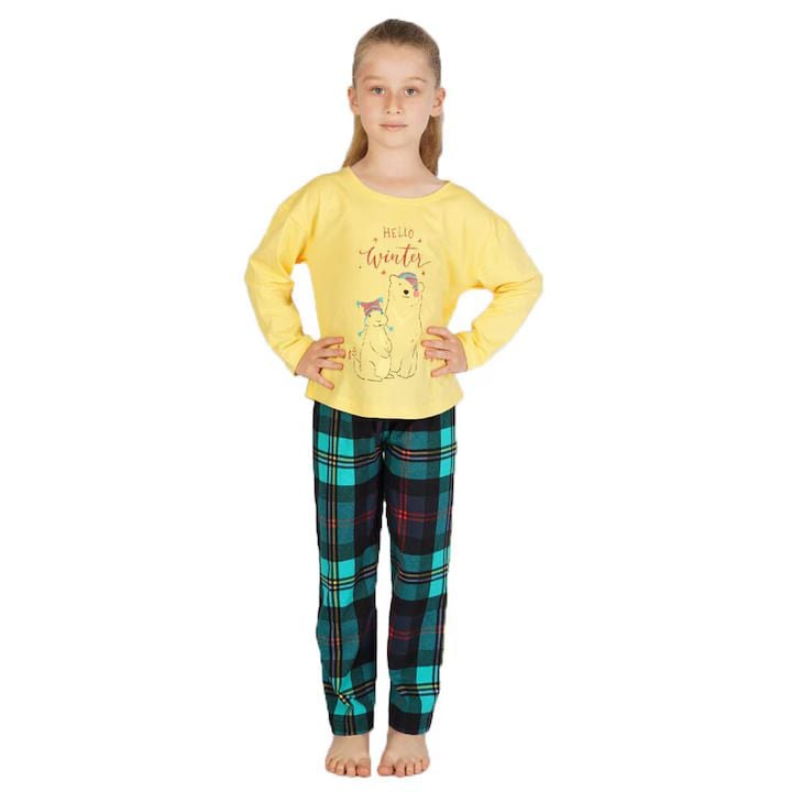 Pijama copii, mânecă lungă, pantalon lung, imprimeu Hello Winter,Culoare Galben,Engros