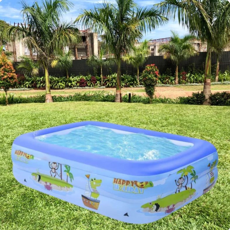 Piscina Gonflabila Pentru Copii Dimensiuni 115 x 85 x 30 cm, Dreptunghiulara, Albastru-Alb, Material Premium Vinil, Instalare Rapida si Simpla, 2 Inele Gonflabile, Baza Gonflabila Pentru Un Plus De Confort