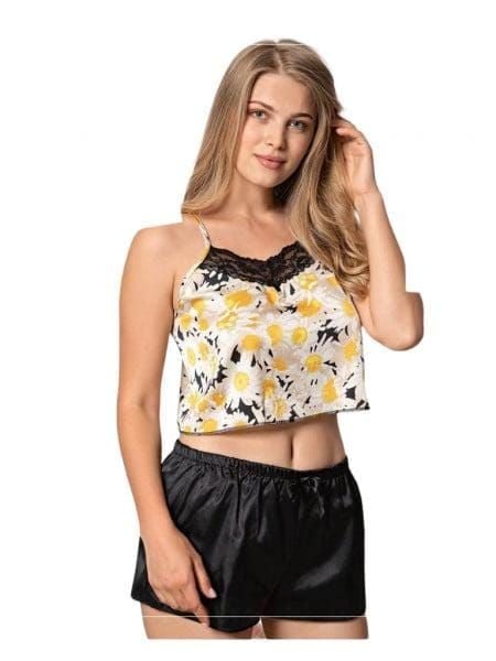 Pijama din saten  galben cu floricele- cod-FD200