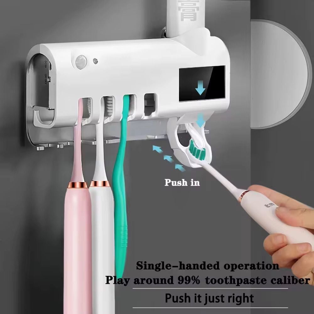 Dozator Pasta de Dinti, Functie de Sterilizare Antibacteriala periute cu lumina UV + Suport Periute Dinti, Alb angro engros