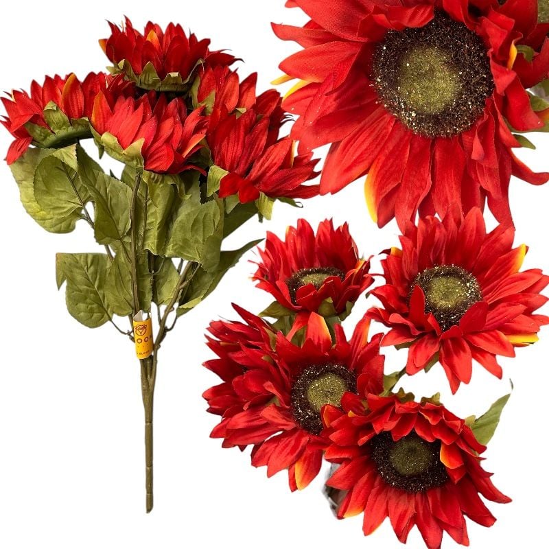 Buchet de floarea-soarelui, rosu cu sclipici de aur ,48 cm, 5 fire,, engros