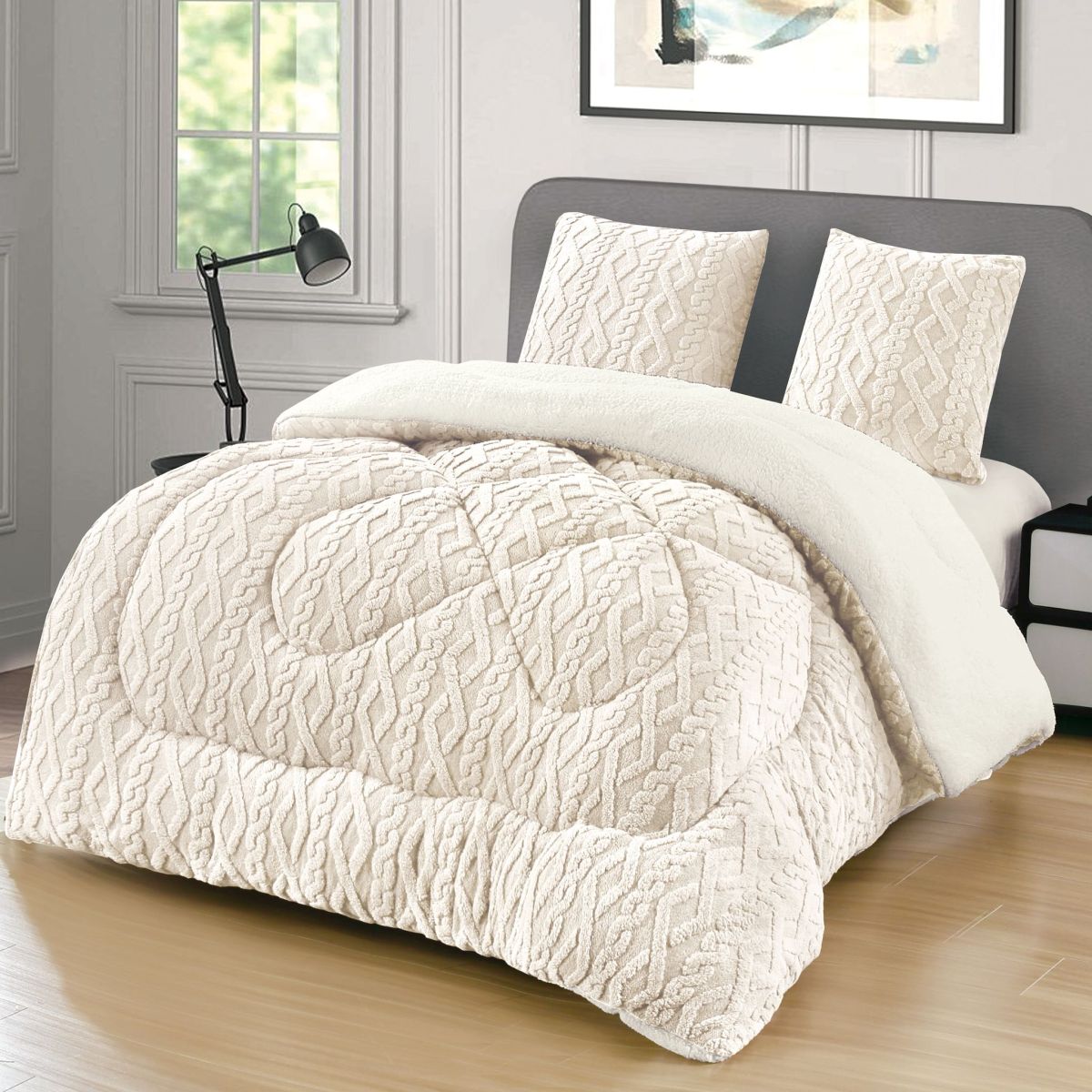 Set de 2 Persoane Pilota Cocolino Tricotata cu Blanita UNI si 2 Fete de Perna 62 x 62 cm, Moale si Pufoasa, Ideala pentru Sezonul Rece, 200 x 230cm, Model 15