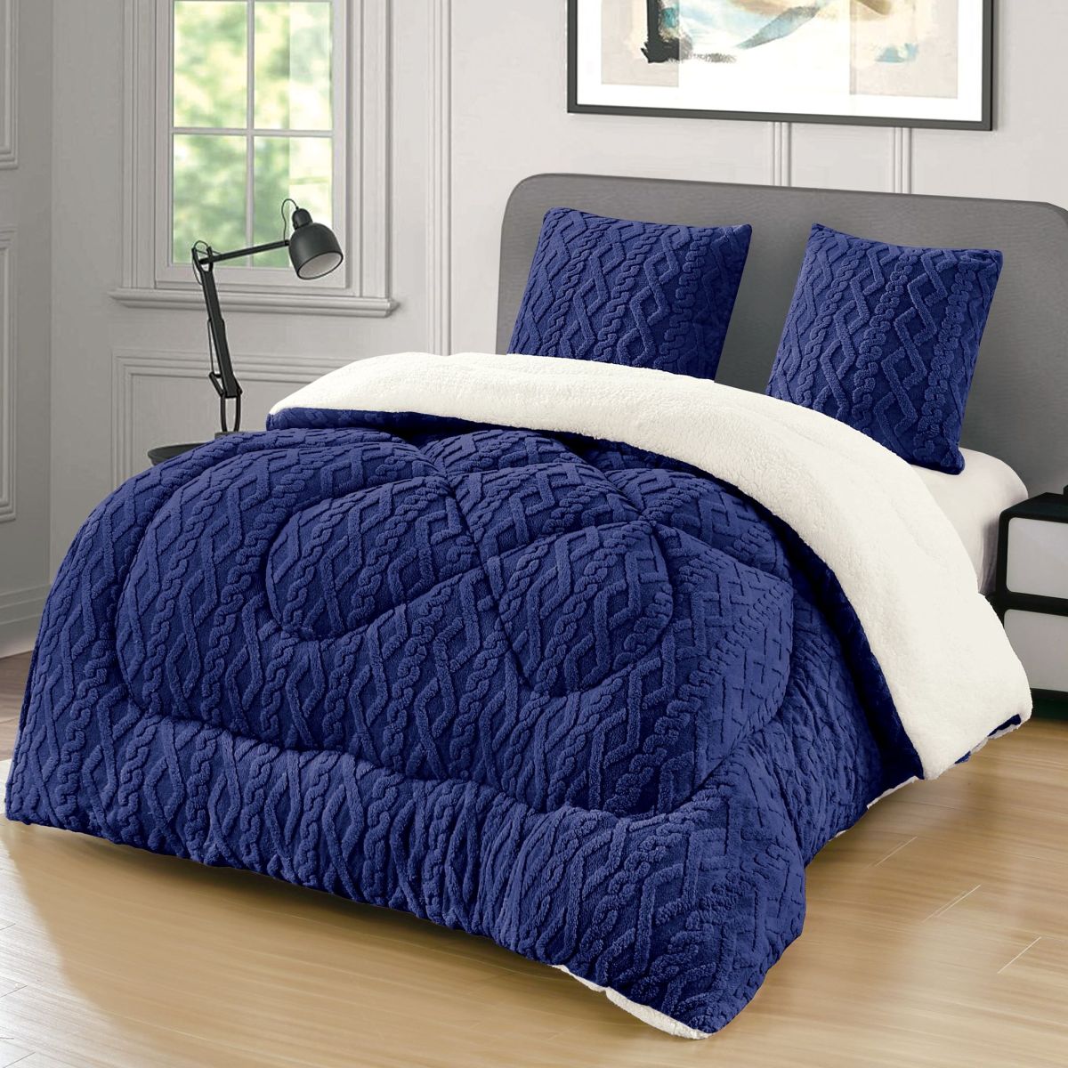 Set de 2 Persoane Pilota Cocolino Tricotata cu Blanita UNI si 2 Fete de Perna 62 x 62 cm, Moale si Pufoasa, Ideala pentru Sezonul Rece, 200 x 230cm, Model 4