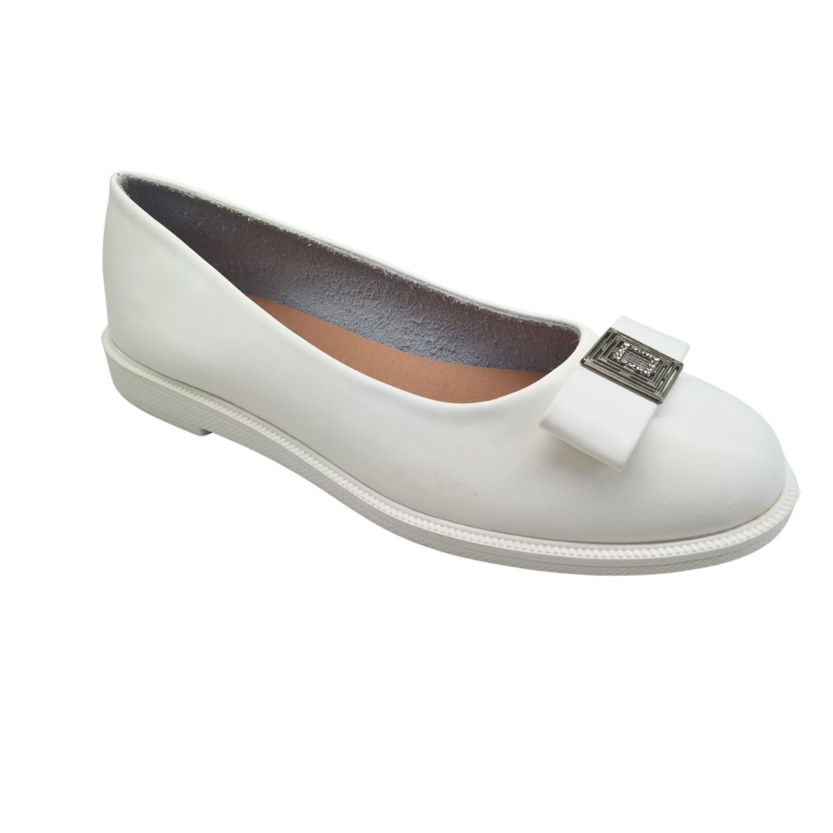 Balerini Casual Dama cu Talpa Joasa, Piele Ecologica, Accesoriu Metalic Stralucitor, Engross, Marimi 36-40, 8buc/bax alb