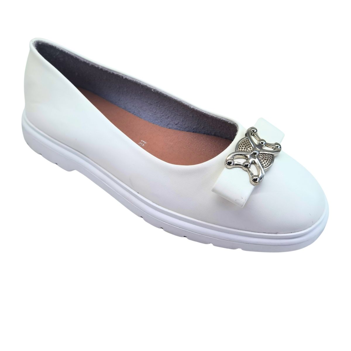Balerini Dama Casual cu Talpa Joasa, Piele Ecologica, Accesoriu Stralucitor, Engross, Marimi 36-40, 8buc/bax alb