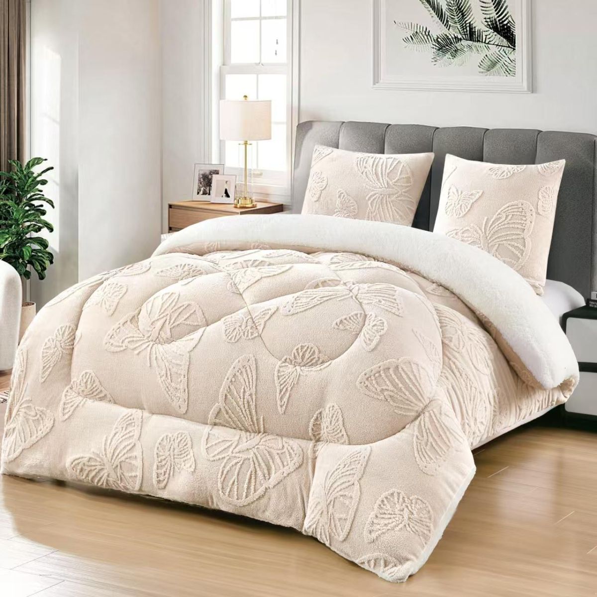 Pilote En-gros Bej, Material Cocolino Premium, 200x230 cm, UNI, Model cu Fluturi in Relief, pentru Pat Dublu, cu 2 fete de Perna Incluse