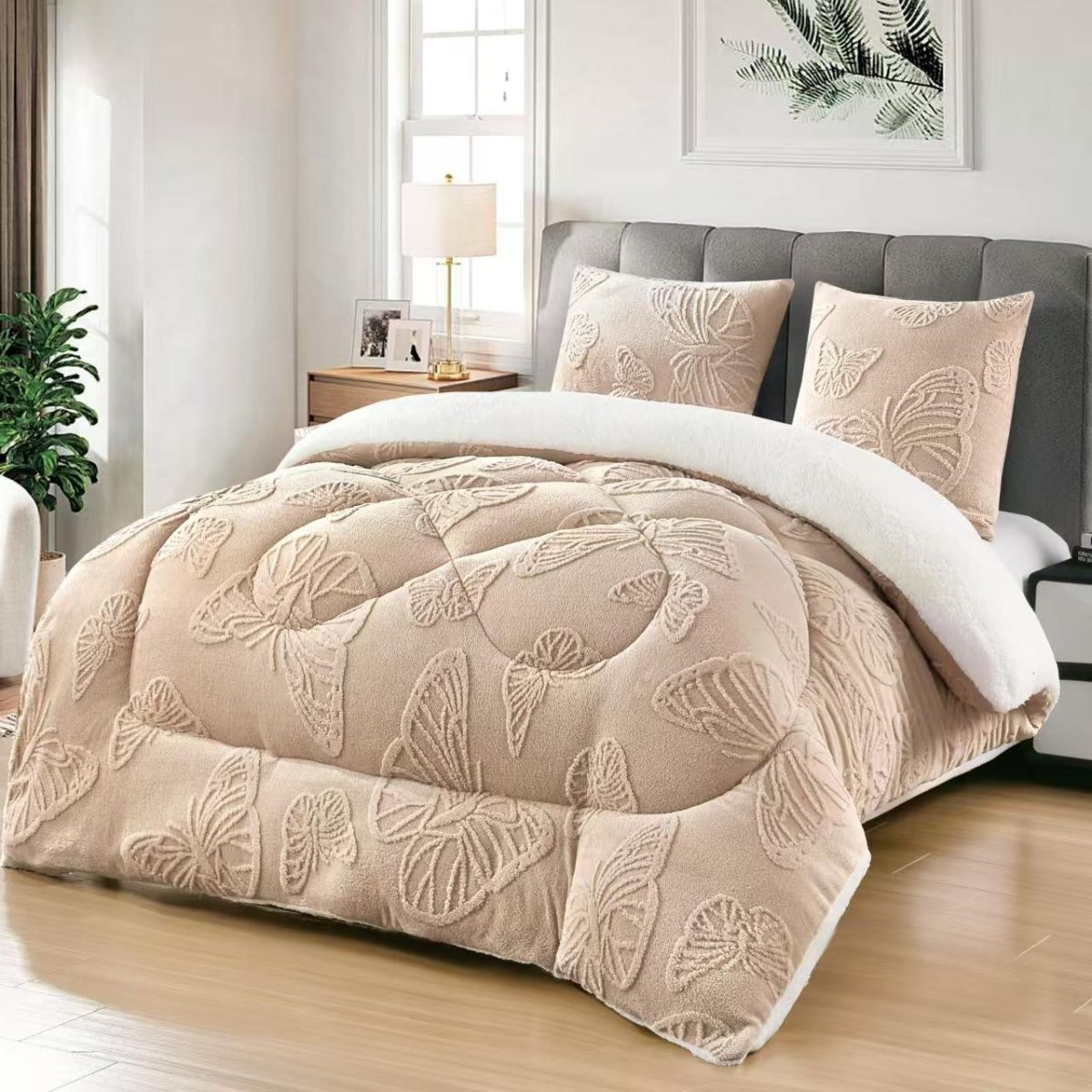 Pilote En-gros Crem, Material Cocolino Premium, 200x230 cm, UNI, Model cu Fluturi in Relief, pentru Pat Dublu, cu 2 fete de Perna Incluse