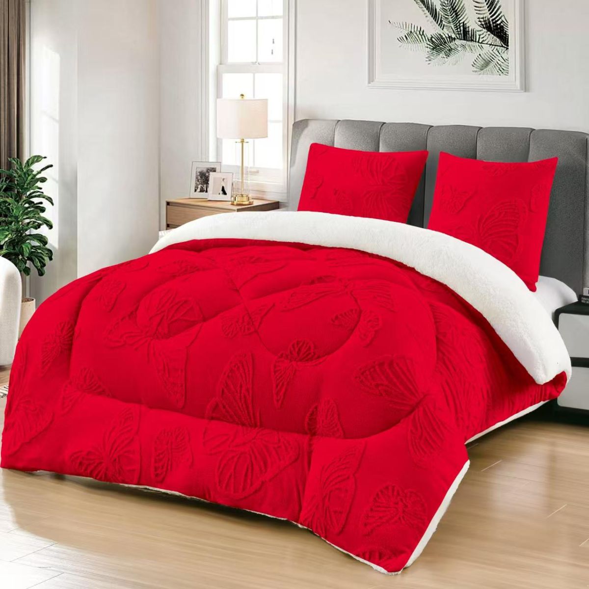 Pilote En-gros Rosu, Material Cocolino Premium, 200x230 cm, UNI, Model cu Fluturi in Relief, pentru Pat Dublu, cu 2 fete de Perna Incluse