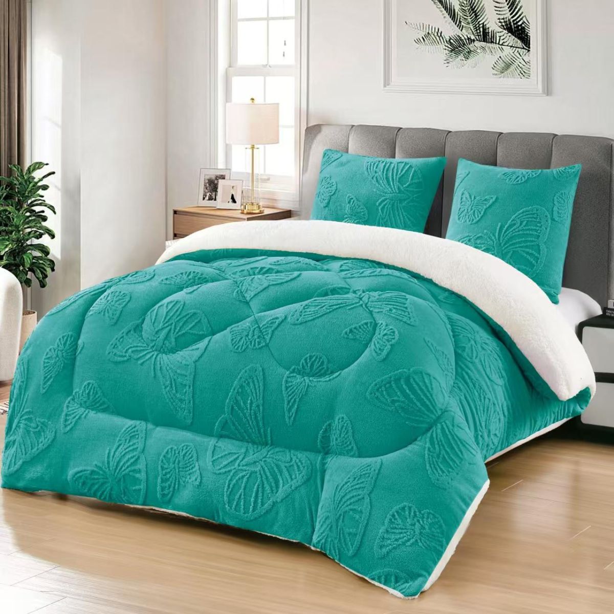 Pilote En-gros Turcoaz, Material Cocolino Premium, 200x230 cm, UNI, Model cu Fluturi in Relief, pentru Pat Dublu, cu 2 fete de Perna Incluse