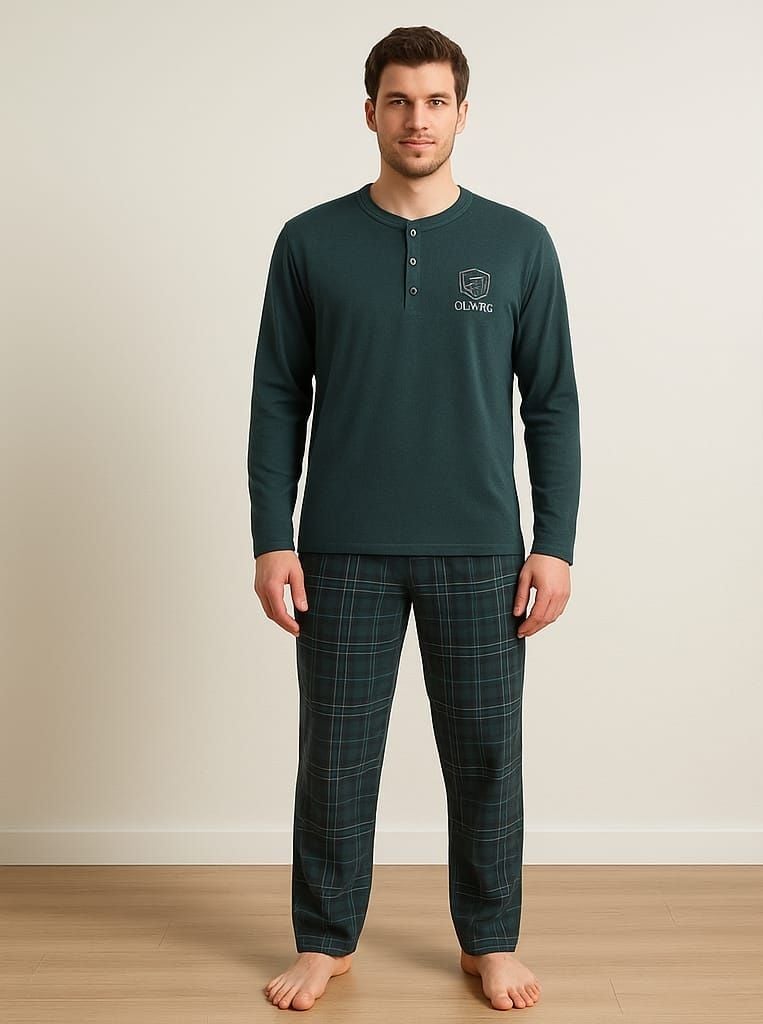 Pijama bărbat bumbac – mânecă lungă, pantalon lung , Verde