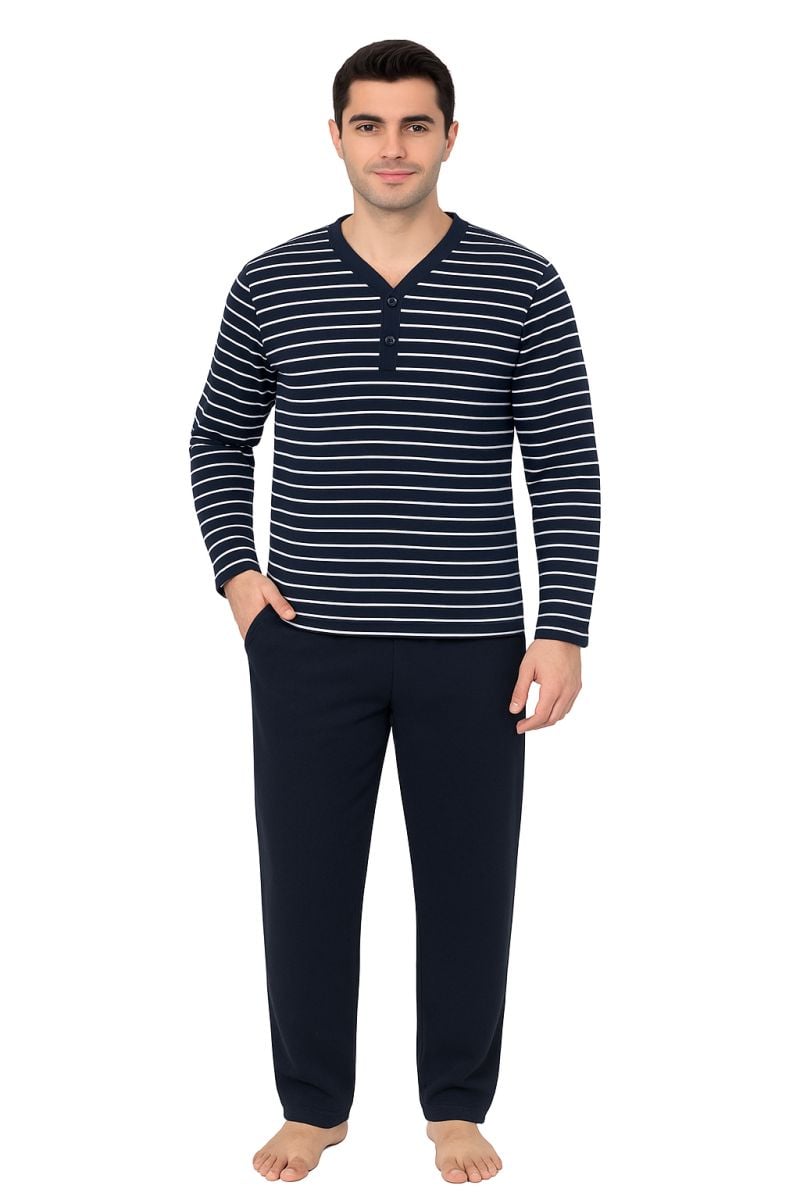 Pijamale barbati din bumbac, maneca lunga bluza usor vatuita,pantaloni lungi