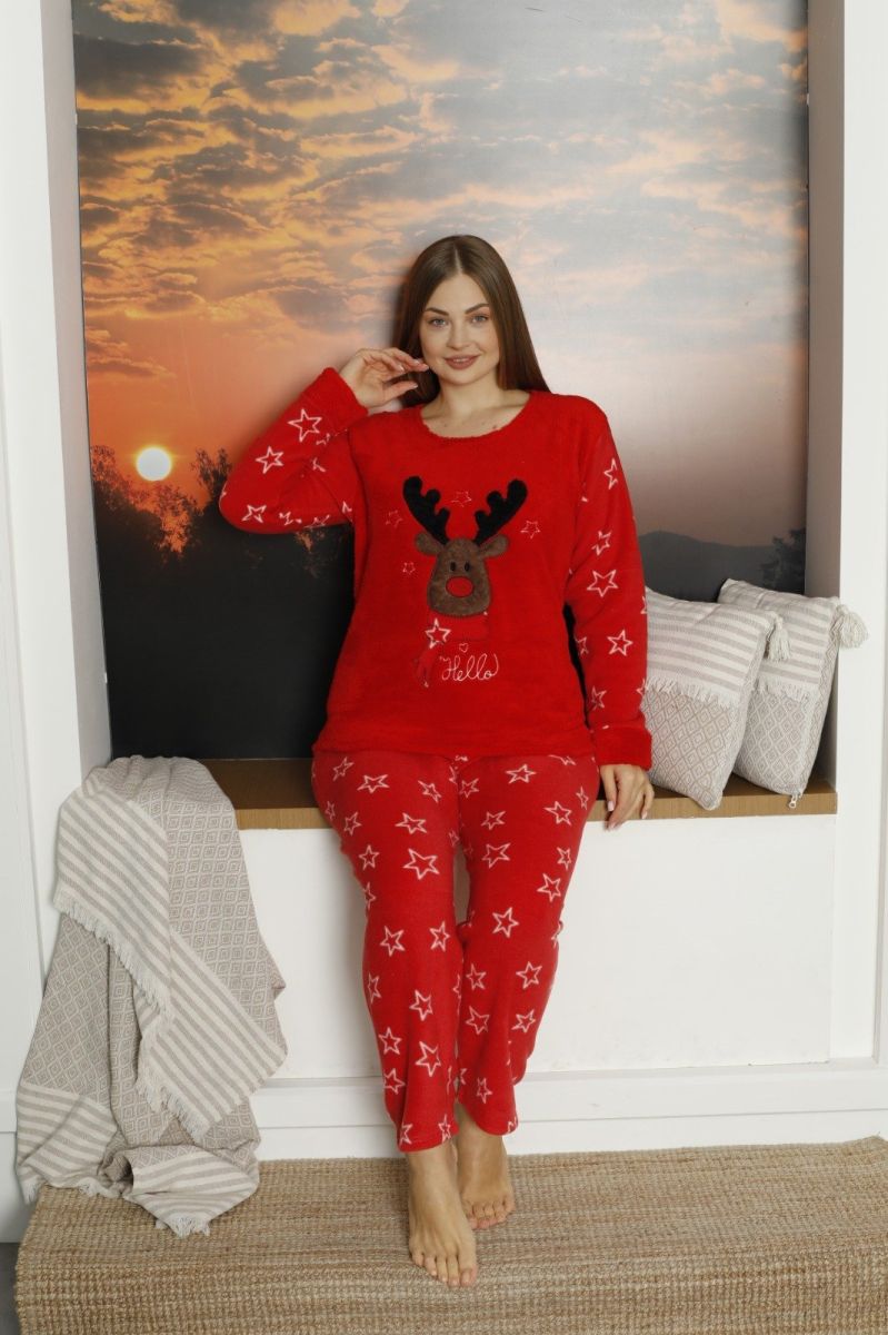 Pijama damă cocolino Big Size, imprimeu ren Crăciun, roșu