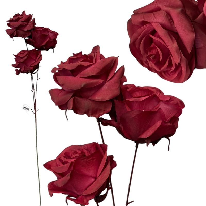 Floare artificială de trandafir cu 3 flori, bordo – 68 cm – en-gros