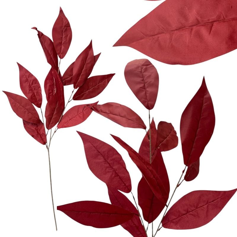 Ramură decorativă cu frunze, 100 cm, flori artificiale în culoare roșie, en-gros