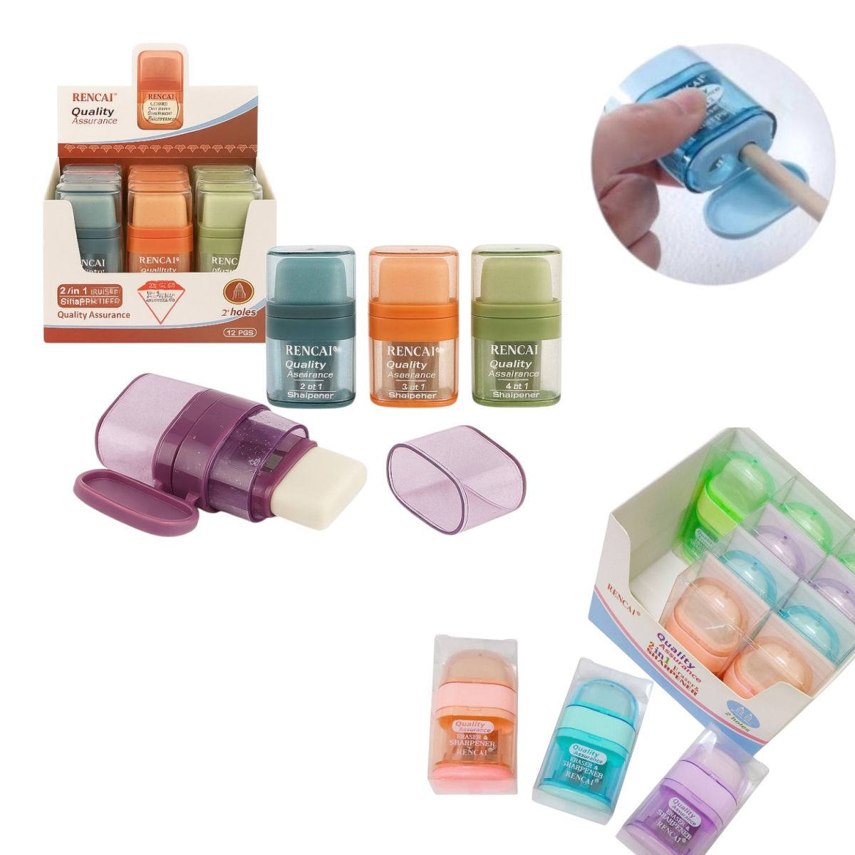 Ascuțitoare 2 în 1 cu Gumă de Șters 12/set, Dreptunghiulară Rotunjită cu Sclipici 7cm Diferite Culori Engros