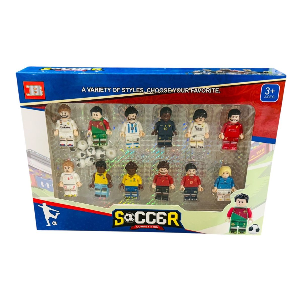 Set 12 figurine jucatori de fotbal, compatibile cu platforme de construit, multicolor, 25×18cm, en-gros