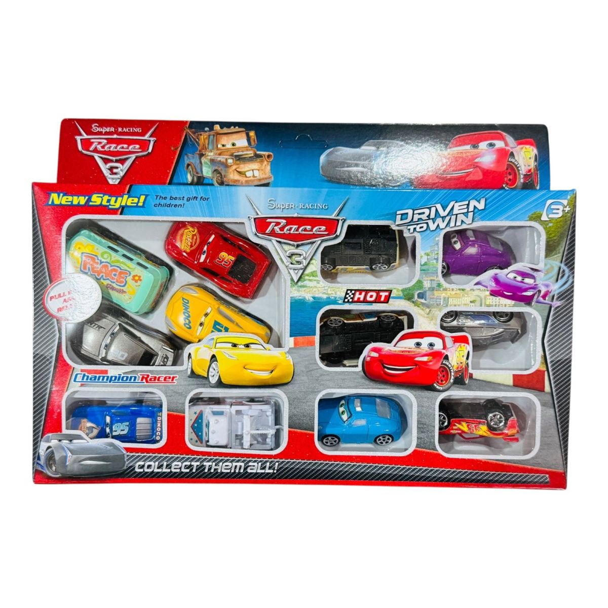 Set 12 masinute vesele de curse, multicolor, 30×17cm, en-gros