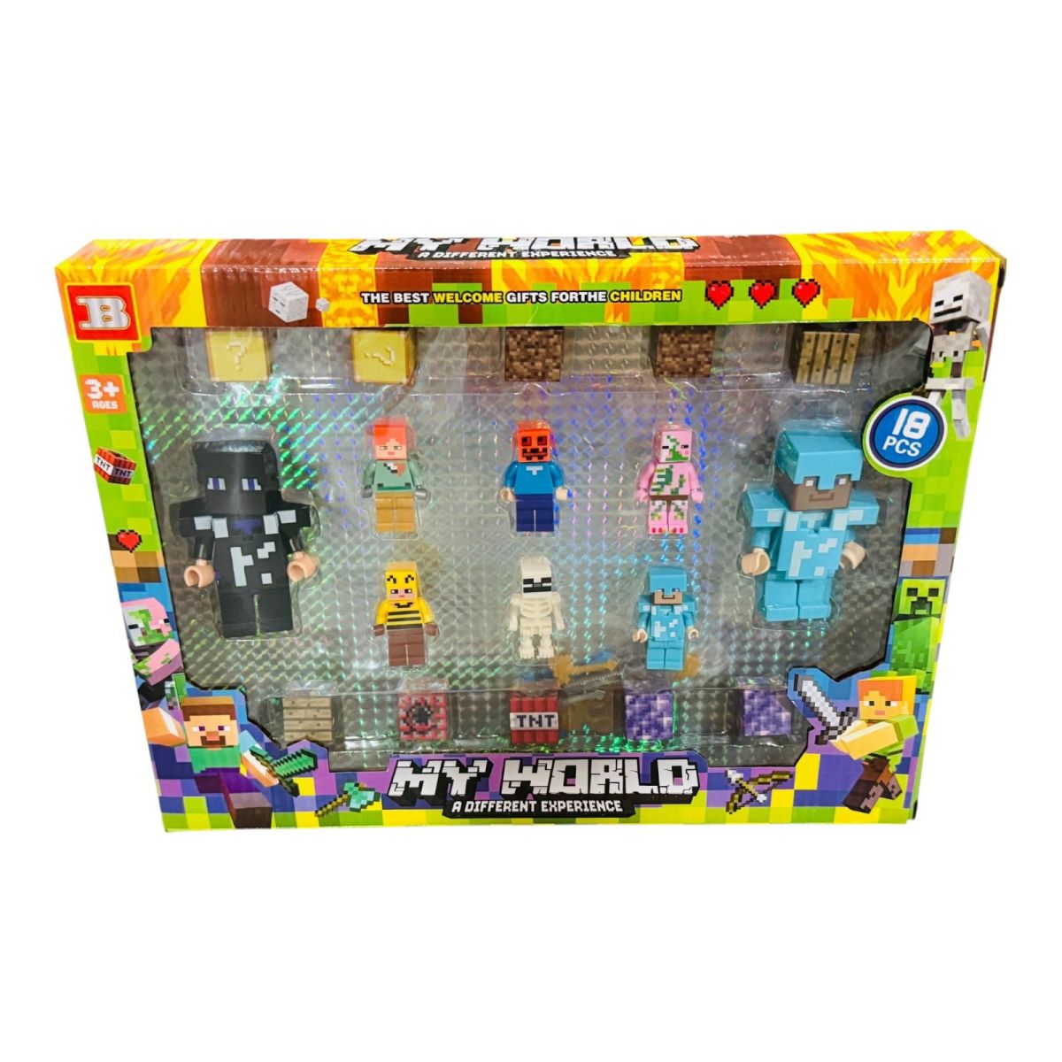 Set 8 figurine pixelate si 10 cuburi puzzle, compatibile cu platforme de construit, multicolor, 32×24cm, en-gros