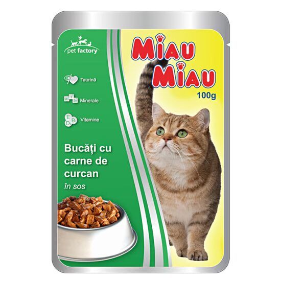 Hrana umeda pentru pisici Miau-Miau, Curcan in sos, plic 100g Engros