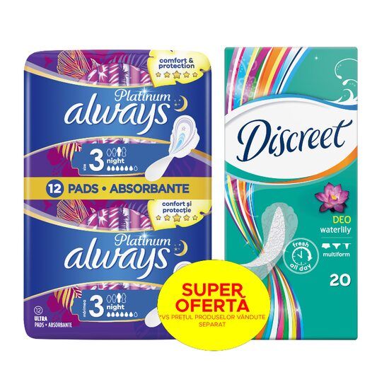 Pachet: Aborbante Always Platinum Night, 12 buc + Absorbante zilnice Discreet Waterlily, 20 buc Engros