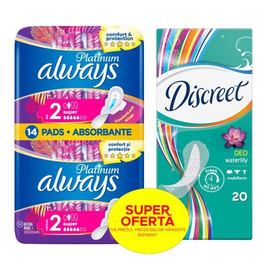 Pachet: Aborbante Always Platinum Super, 14 buc + Absorbante zilnice Discreet Waterlily, 20 buc Engros