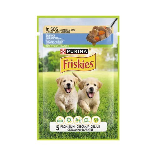 Hrană umedă pentru câini Friskies Junior cu pui și morcovi în sos 85 g Engros