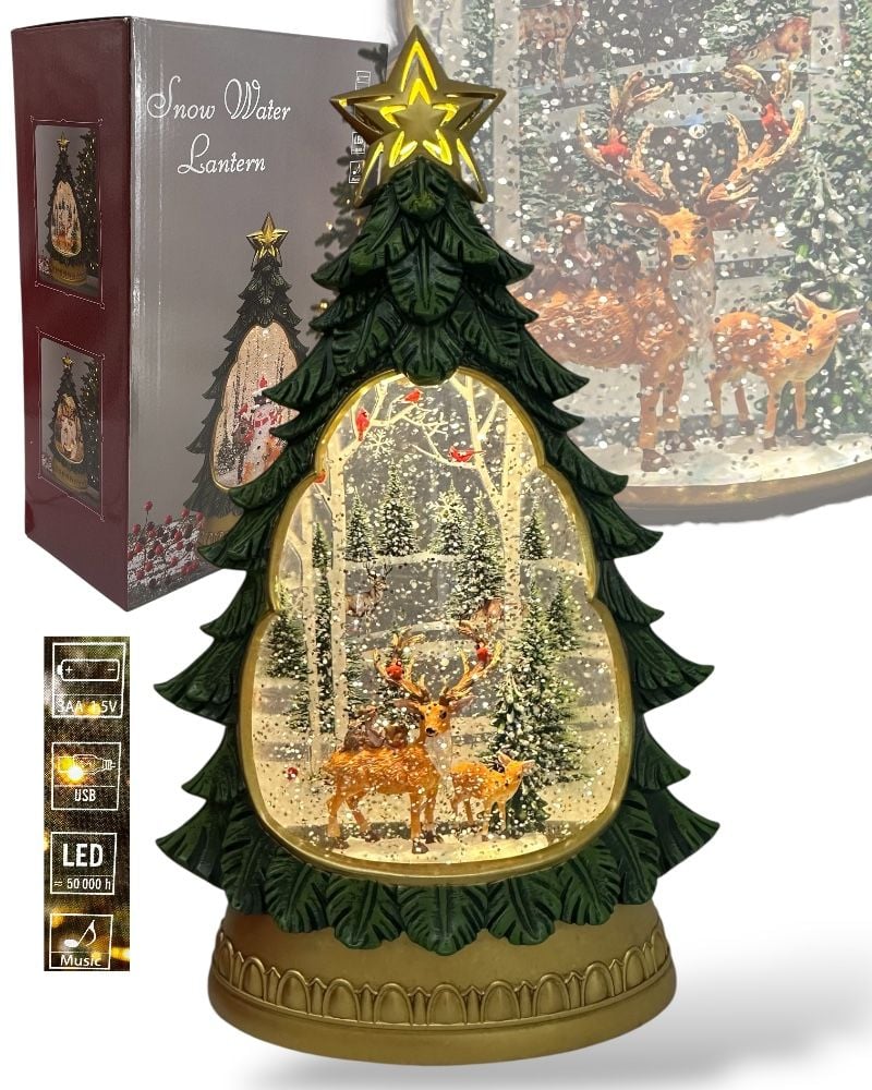 Felinar muzical de Crăciun - Brad de Crăciun cu reni cu 7 melodii și lumină, 17 x 9,5 x 31 cm– en gros