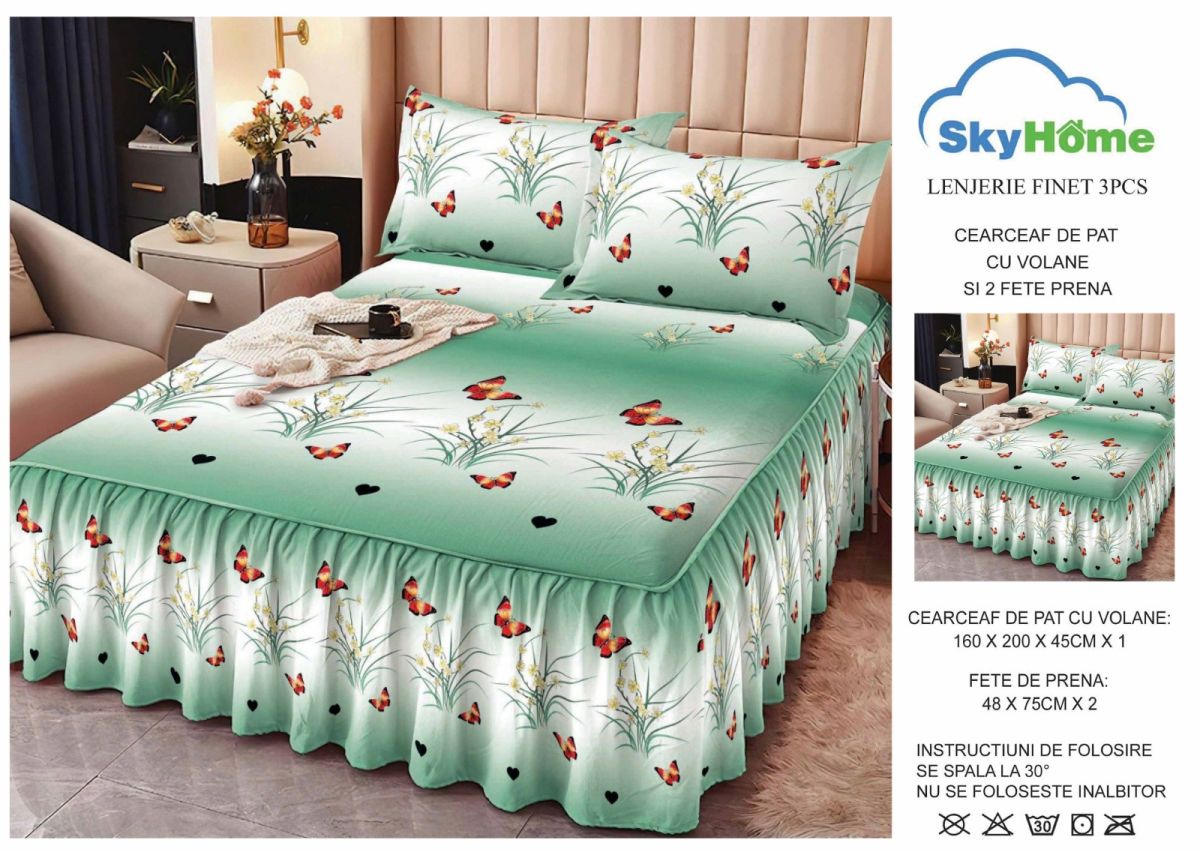 Set Lenjerii cu Volanase En-Gros, Multicolor, 3 Piese, Material Bumbac tip Finet, pentru Pat Dublu, 160x200, cu 2 Fete de Perna 48x75 Incluse